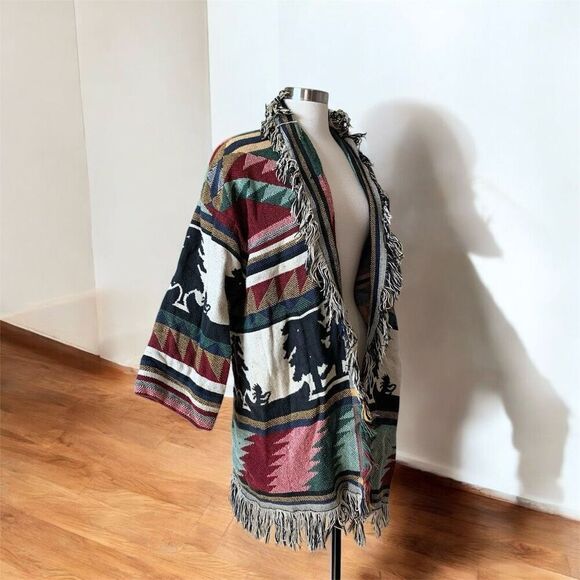 Vintage Blanket Fringe Patchwork Printed Cardigan Duster Kimono Small - Picture 2 of 9